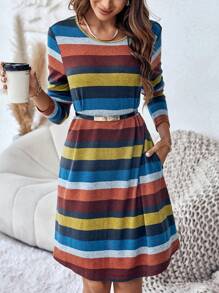 SHEIN LUNE Striped Print Hidden Pocket Tee Dress - Multicolor - View 5
