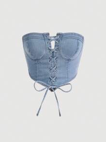SHEIN MOD Lace Up Front Center Front Lace-Up Decoration Breast Cup Division Tube Summer Denim Top - Light Wash - View 2