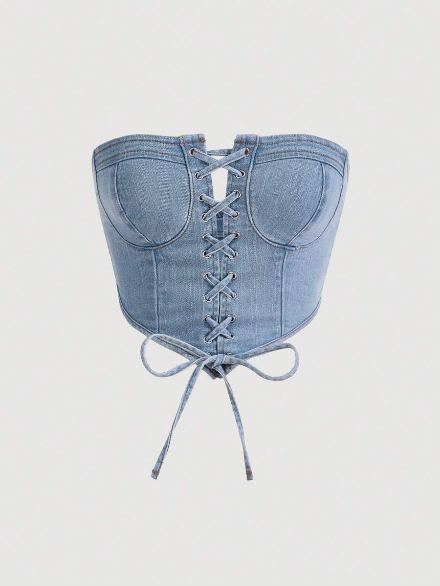 SHEIN MOD Lace Up Front Center Front Lace-Up Decoration Breast Cup Division Tube Summer Denim Top