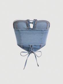 SHEIN MOD Lace Up Front Center Front Lace-Up Decoration Breast Cup Division Tube Summer Denim Top - Light Wash - View 3
