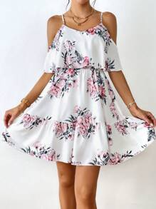 SHEIN Clasi 印花挖肩荷葉邊洋裝 - 白色 - 查看 1