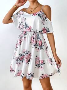 SHEIN Clasi 印花挖肩荷葉邊洋裝 - 白色 - 查看 5