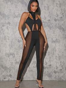 Hauture Bộ đồ liền thân hở lưng hở lưới chèn cắt rời - màu đen - Xem 1