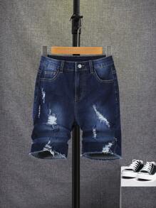 SHEIN 男大童破洞毛邊緣牛仔短褲 - 深色水洗藍 - 查看 1