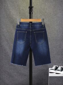 SHEIN 男大童破洞毛邊緣牛仔短褲 - 深色水洗藍 - 查看 2