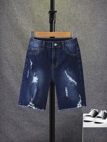 SHEIN 男大童破洞毛邊緣牛仔短褲 - 深色水洗藍 - 查看 5