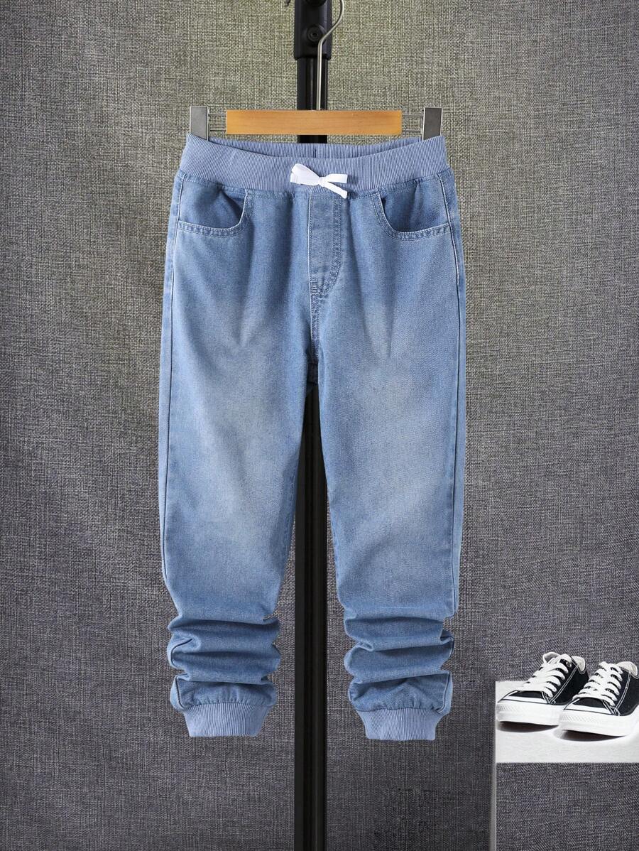 SHEIN Tween Boys' Knotted Front Washed Denim Jeans, Versatile Daily Wear, Suitable For Spring And Autumn - Light Wash - View 1