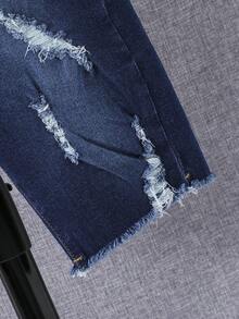 SHEIN 男大童破洞毛邊緣牛仔短褲 - 深色水洗藍 - 查看 6