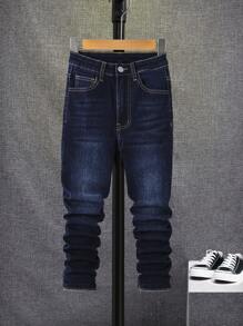 SHEIN Tween Boy Bleach Wash Slant Pocket Jeans - Dark Wash - View 1