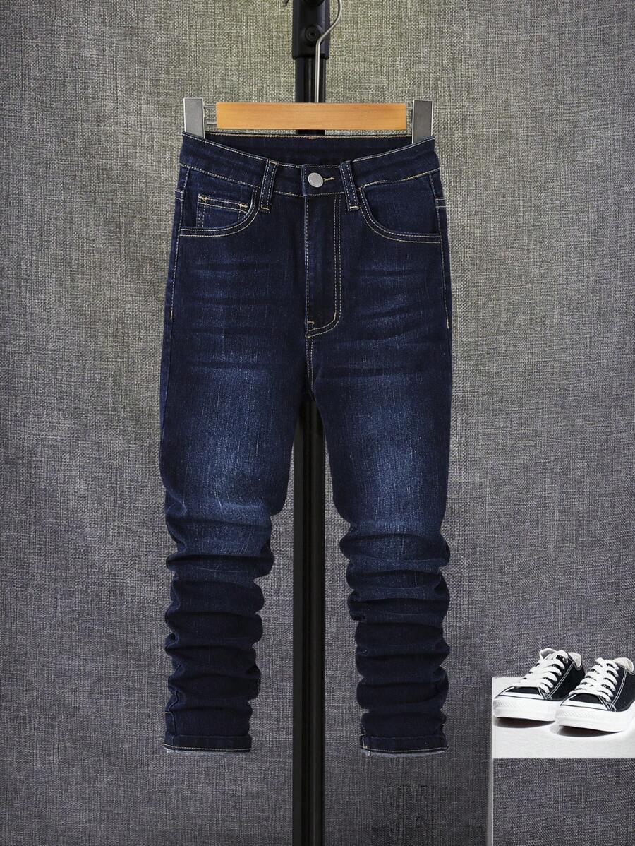 SHEIN Tween Boy Bleach Wash Slant Pocket Jeans - Dark Wash - View 1