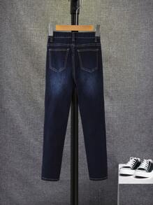 SHEIN Tween Boy Bleach Wash Slant Pocket Jeans - Dark Wash - View 2