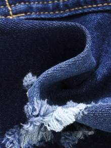 SHEIN 男大童破洞毛邊緣牛仔短褲 - 深色水洗藍 - 查看 7