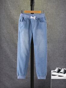 SHEIN Tween Boys' Knotted Front Washed Denim Jeans, Versatile Daily Wear, Suitable For Spring And Autumn - Light Wash - View 3