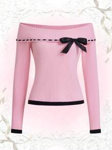 ROMWE Kawaii Off Shoulder Bow Front Contrast Trim Sweater - Pink - View 1