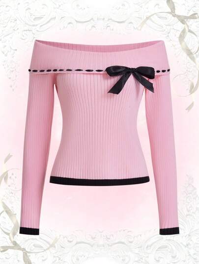 Kawaii Off Shoulder Bow Front Contrast Trim Sweater