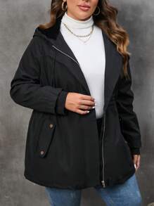 SHEIN LUNE Plus Drawstring Waist Hooded Coat - Black - View 4