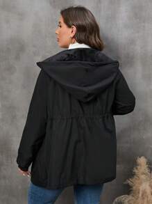 SHEIN LUNE Plus Drawstring Waist Hooded Coat - Black - View 2