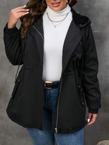 SHEIN LUNE Plus Drawstring Waist Hooded Coat - Black - View 1