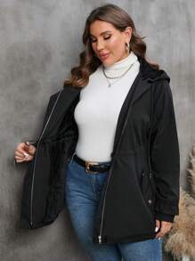 SHEIN LUNE Plus Drawstring Waist Hooded Coat - Black - View 3