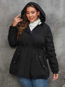 SHEIN LUNE Plus Drawstring Waist Hooded Coat - Black - View 6