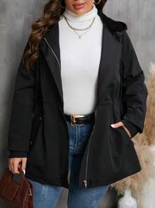 SHEIN LUNE Plus Drawstring Waist Hooded Coat - Black - View 7
