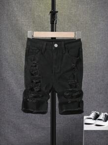 SHEIN Cậu bé Tween Rách Frayed Quần short Denim - màu đen - Xem 1