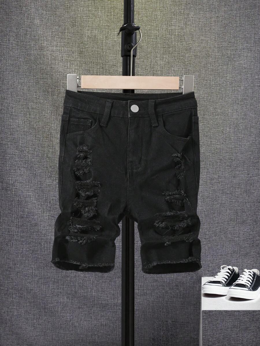 SHEIN Cậu bé Tween Rách Frayed Quần short Denim - màu đen - Xem 1