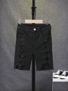 SHEIN Cậu bé Tween Rách Frayed Quần short Denim - màu đen - Xem 3