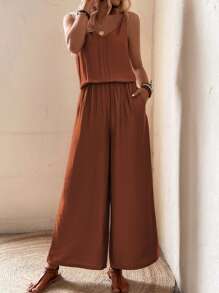 SHEIN LUNE Solid Wide Leg Cami Jumpsuit