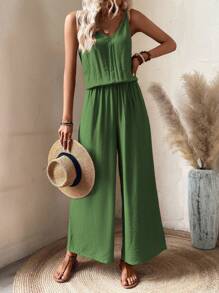SHEIN LUNE 素色闊腿吊帶連體褲 - 綠色 - 查看 3