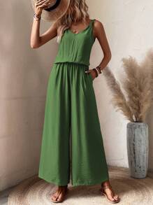 SHEIN LUNE 素色闊腿吊帶連體褲 - 綠色 - 查看 6