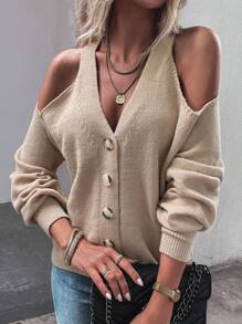 SHEIN LUNE 挖肩前紐扣開襟衫 - 駝色 - 查看 6