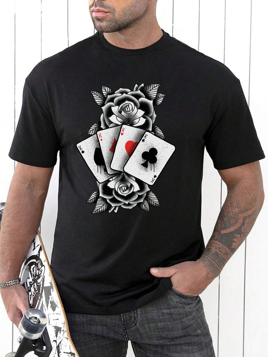 Men Playing Card Print Tee - Black - View 1