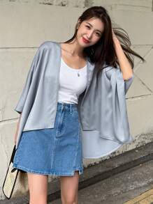 DAZY 纯色蝙蝠袖前开襟女式外套，秋季女装 - 藍色 - 查看 3