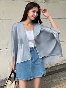 DAZY 纯色蝙蝠袖前开襟女式外套，秋季女装 - 藍色 - 查看 4