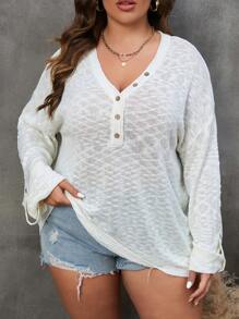 SHEIN LUNE Talla grande Jersey con botón de hombros caídos - Beis - Ver 3