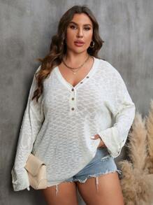 SHEIN LUNE Talla grande Jersey con botón de hombros caídos - Beis - Ver 4