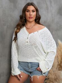 SHEIN LUNE Talla grande Jersey con botón de hombros caídos - Beis - Ver 5