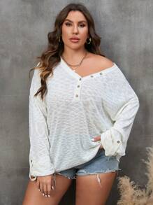 SHEIN LUNE Talla grande Jersey con botón de hombros caídos - Beis - Ver 6