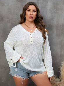 SHEIN LUNE Talla grande Jersey con botón de hombros caídos - Beis - Ver 7
