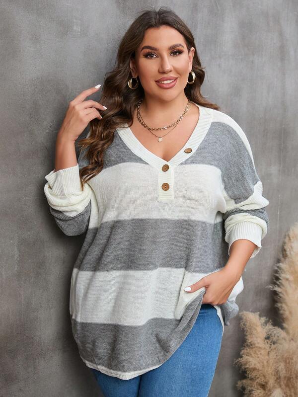 SHEIN LUNE Plus Color Block Drop Shoulder Sweater