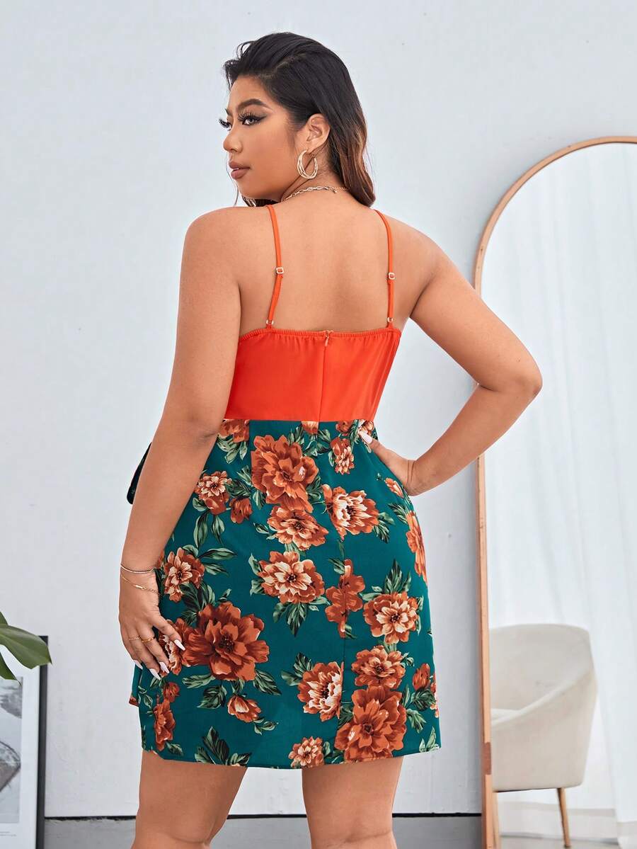 SHEIN Privé Plus Floral Print Knot Side Wrap Hem Cami Dress SHEIN