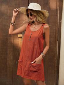 SHEIN LUNE Spring/Summer Holiday Apricot Linen Vest Dress For Women - Orange - View 3