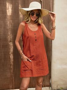 SHEIN LUNE Spring/Summer Holiday Apricot Linen Vest Dress For Women - Orange - View 5