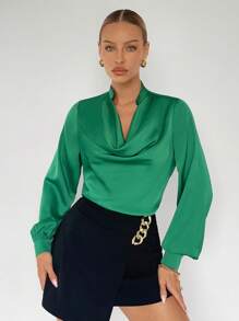 BizChic Draped Collar Lantern Sleeve Solid Blouse Workwear - Green - View 1