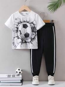 SHEIN Young Boy 黑白圖案條紋休閒運動兩件式圓領常規袖夏季 - 黑與白 - 查看 1