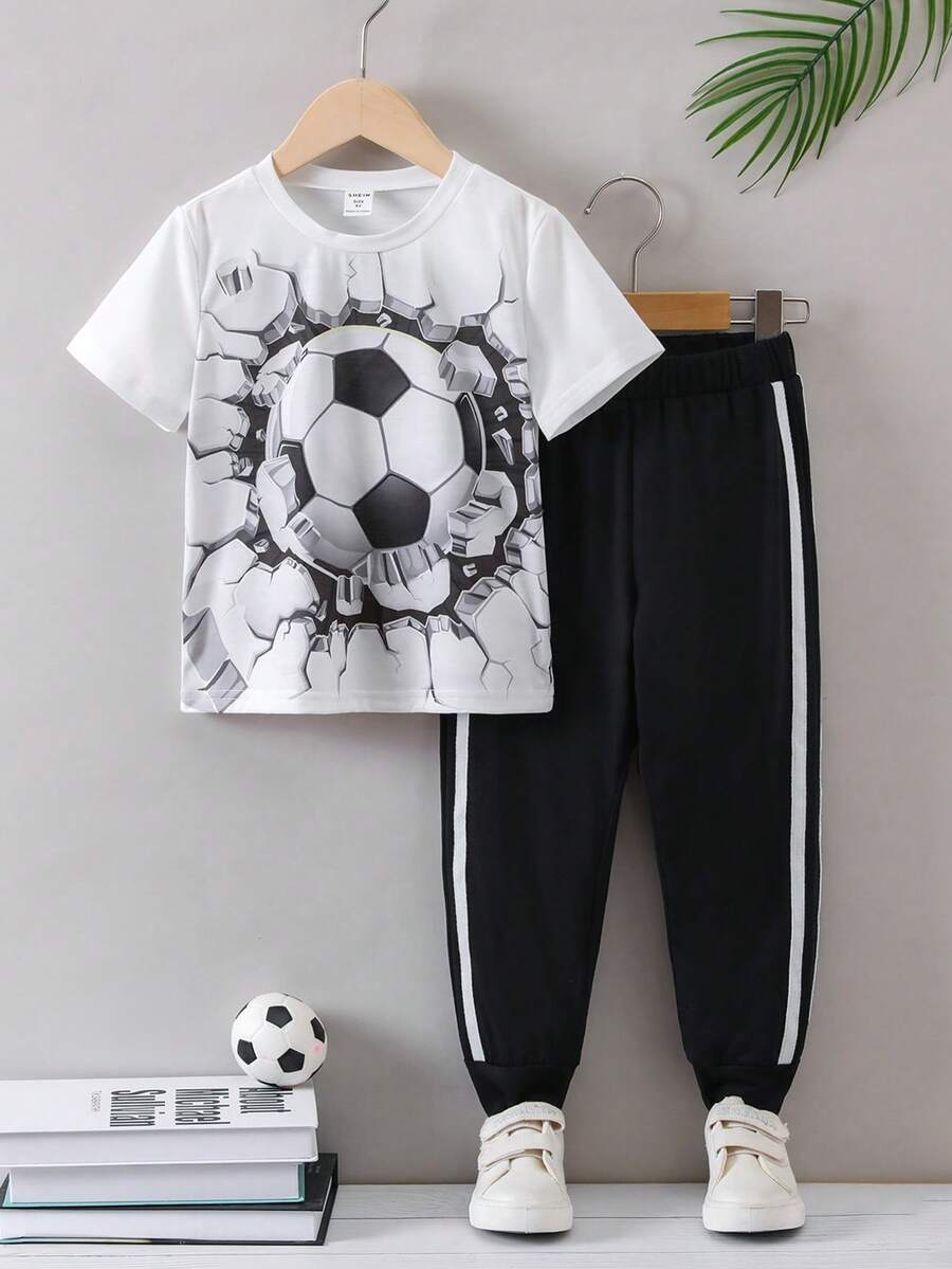 SHEIN Young Boy 黑白圖案條紋休閒運動兩件式圓領常規袖夏季 - 黑與白 - 查看 1