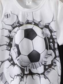 SHEIN Young Boy 黑白圖案條紋休閒運動兩件式圓領常規袖夏季 - 黑與白 - 查看 5