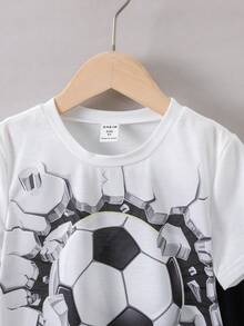 SHEIN Young Boy 黑白圖案條紋休閒運動兩件式圓領常規袖夏季 - 黑與白 - 查看 6