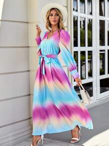 SHEIN VCAY 漸變圖案腰帶A字洋裝 - 彩色 - 查看 1